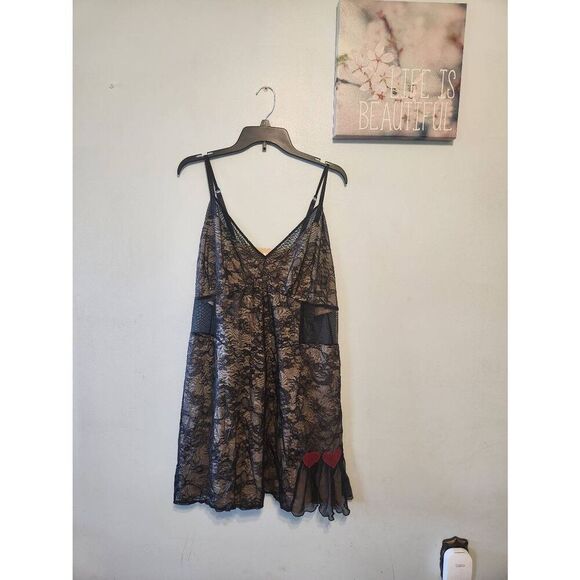 Sophie Theallet For Cacique Chemise Black Lace Hearts Lingerie Plus Size 22/24 - Picture 1 of 3